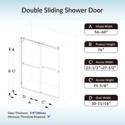 Woodbridge SDD6076 Frameless Shower Door, 2-Way Double Sliding, 56-60in x 76in