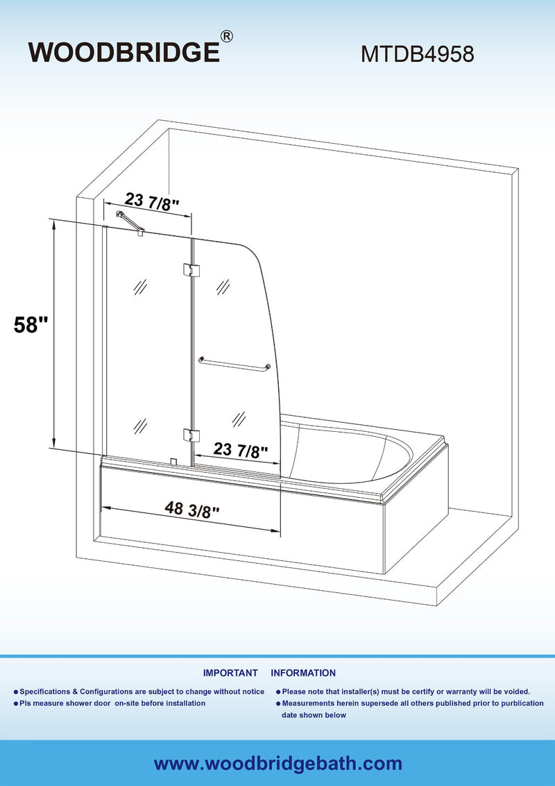 Woodbridge MTDB4958 Frameless Hinged Bathtub Shower Door, 48-3/8in W x 58in H