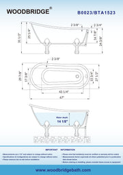 Woodbridge 67" Heavy Duty Acrylic Slipper Clawfoot Bath Tub B0023-C