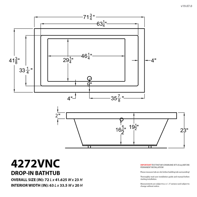 Atlantis Whirlpools Venetian 42 x 72 Rectangular Whirlpool Jetted Bathtub with Reversible Drain