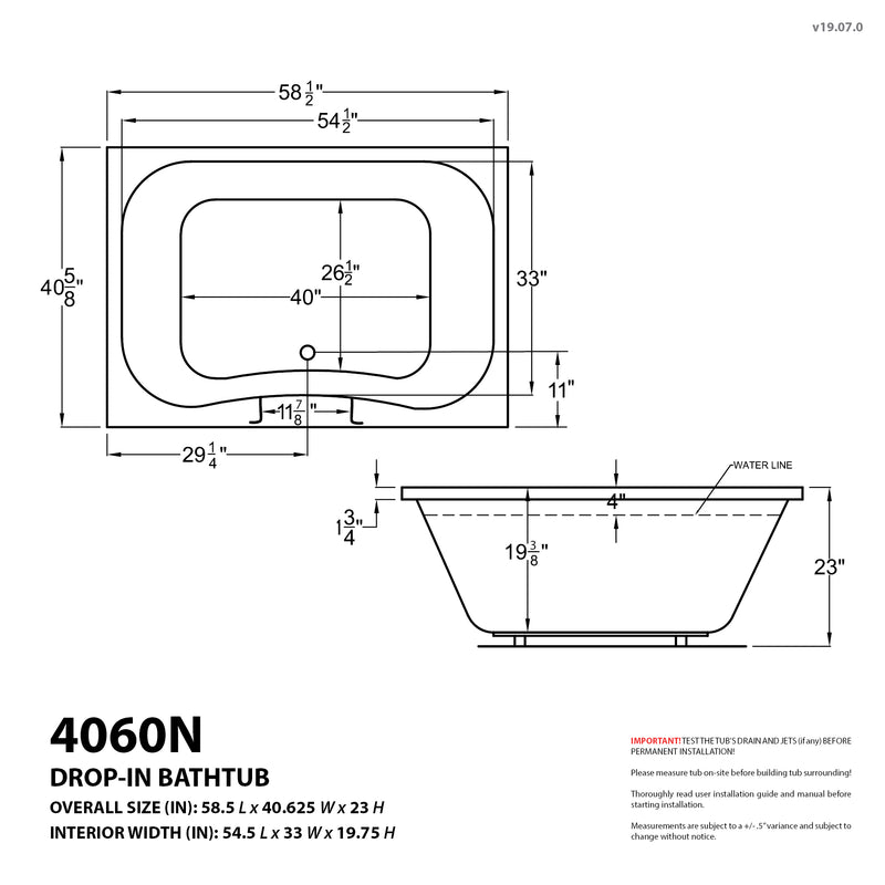 Atlantis Whirlpools Neptune 40 x 60 Rectangular Whirlpool Jetted Bathtub with Reversible Drain