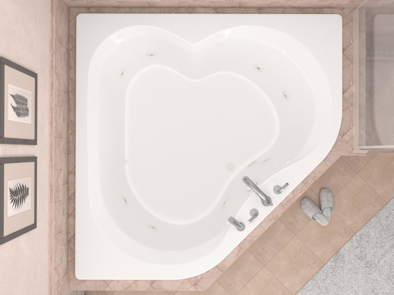 Atlantis Whirlpools Beryl Series 84 in. x 62 in. Corner Whirlpool Bathtub with Center drain and V-Style Back Jets in Glossy Smooth White