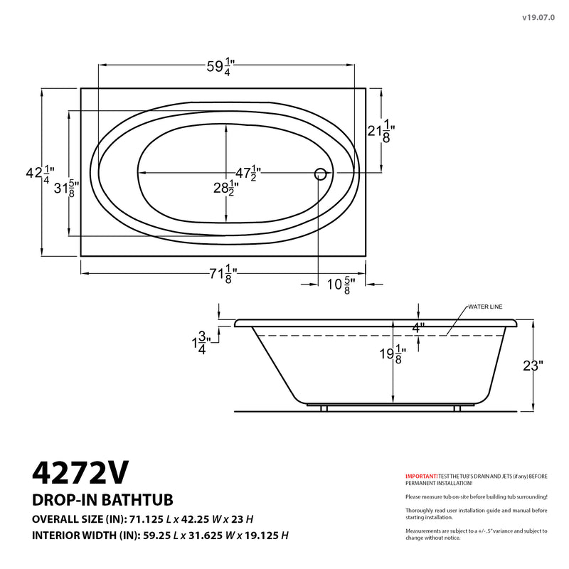 Atlantis Whirlpools Vogue 42 x 72 Rectangular Whirlpool Jetted Bathtub with Reversible Drain