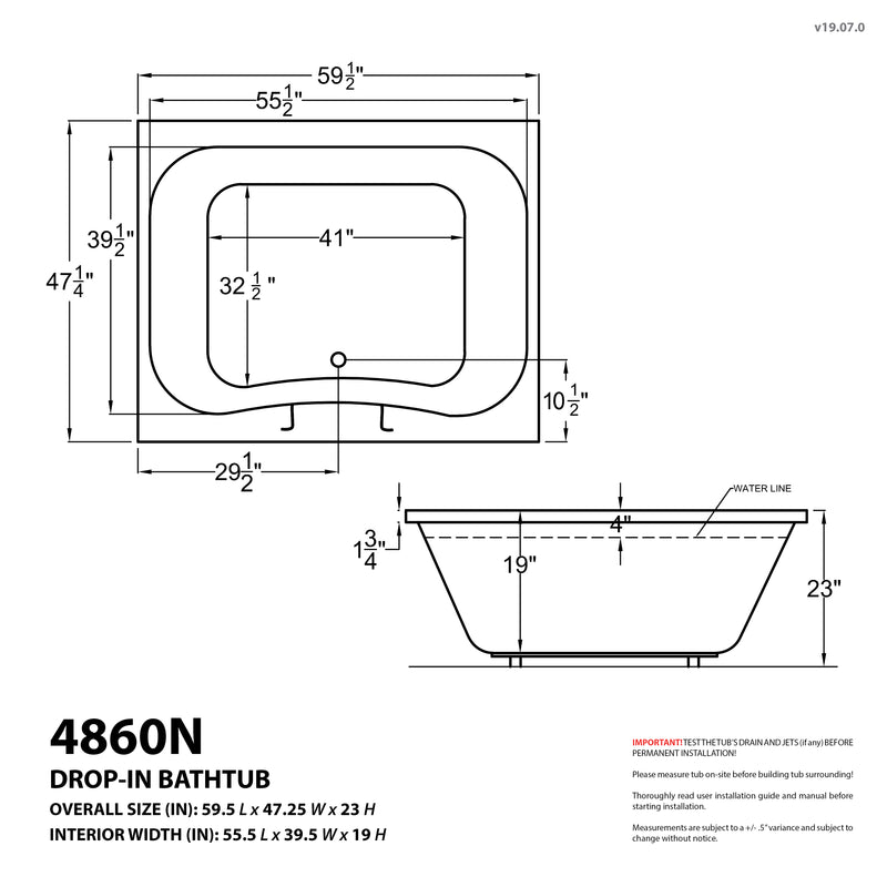 Atlantis Whirlpools Neptune 48 x 60 Rectangular Whirlpool Bathtub with Center drain and V-Style Back Jets in Glossy White
