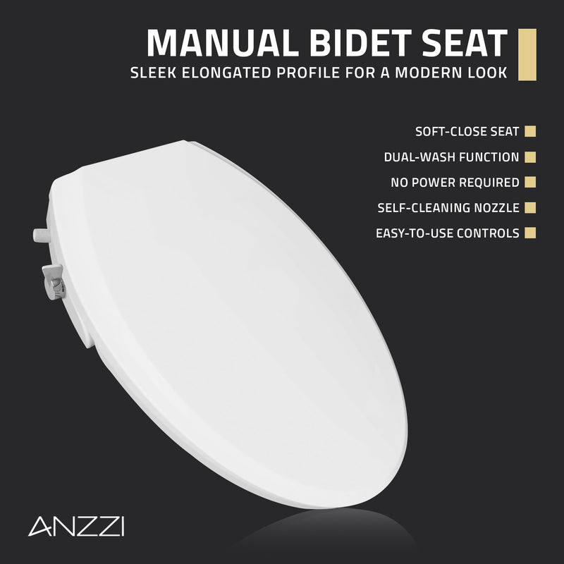 ANZZI Minnow 19 in. Elongated Manual Bidet Toilet Seat with Soft-Close Lid and Dual Self-Cleaning Nozzles