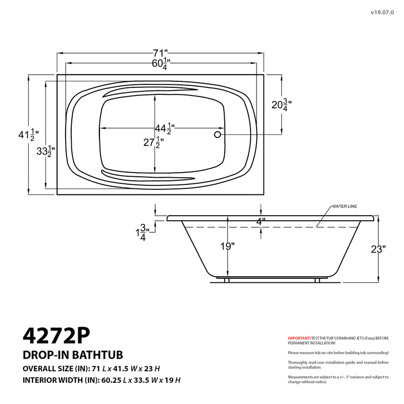 Atlantis Whirlpools Polaris 42 x 72 Rectangular Whirlpool Jetted Bathtub with Reversible Drain