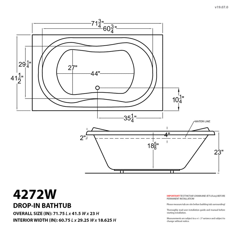 Atlantis Whirlpools Whisper 42 x 72 Rectangular Whirlpool Jetted Bathtub