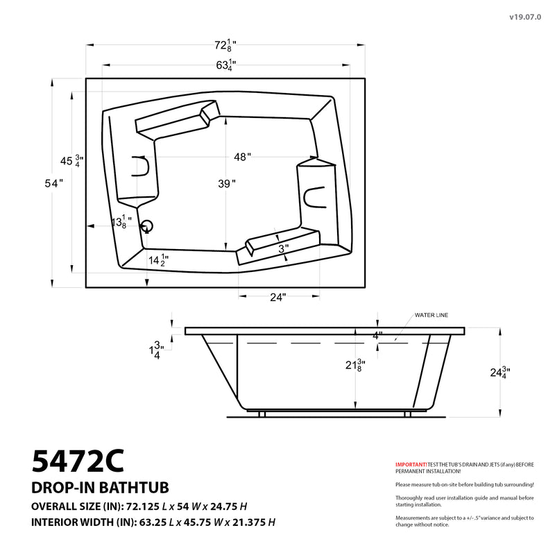 Atlantis Whirlpools Caresse 54 x 72 Rectangular Whirlpool Jetted Bathtub