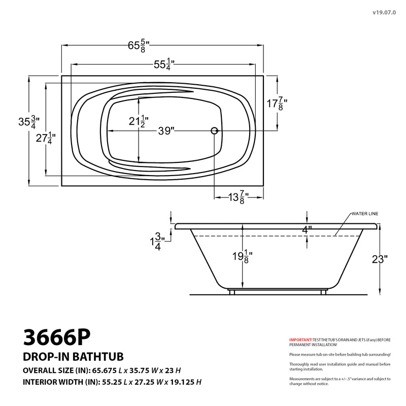 Atlantis Whirlpools Polaris 36 x 66 Rectangular Whirlpool Jetted Bathtub with Reversible Drain