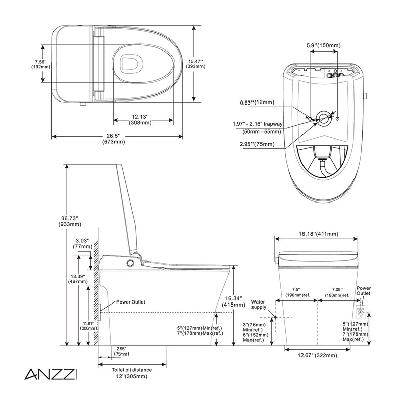ANZZI Juno 26 in. Smart Toilet and Bidet Set with Heated Seat, Front & Rear Wash, and Foot Sensor