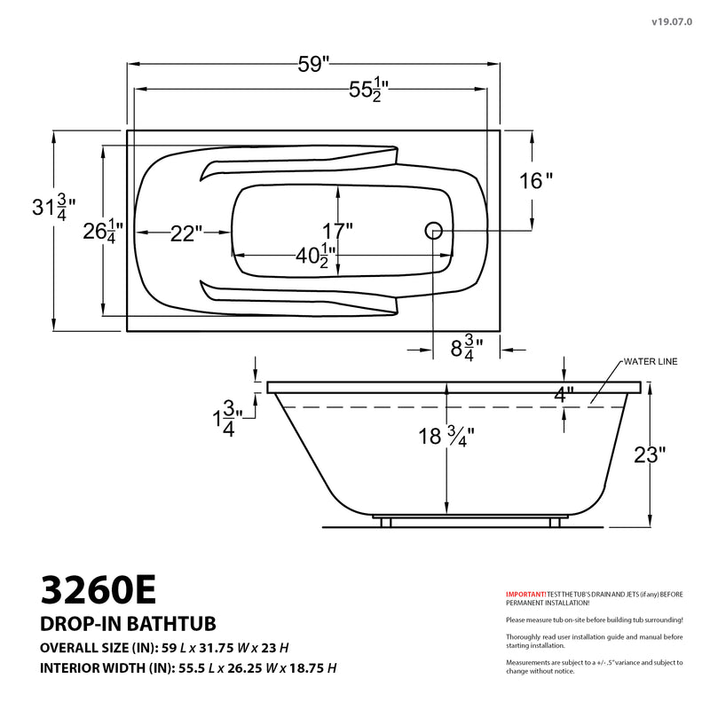 Atlantis Whirlpools Eros 32 x 60 Rectangular Whirlpool Bathtub with Left Side Drain and V-Style Back Jets in Glossy White