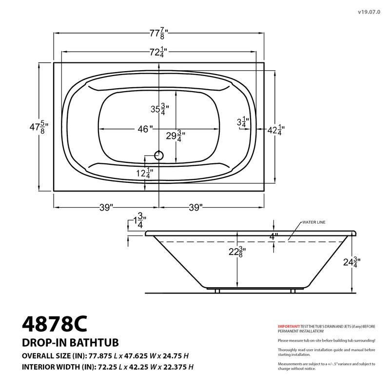 Atlantis Whirlpools Charleston 48 x 78 Rectangular Whirlpool Jetted Bathtub with Reversible Drain