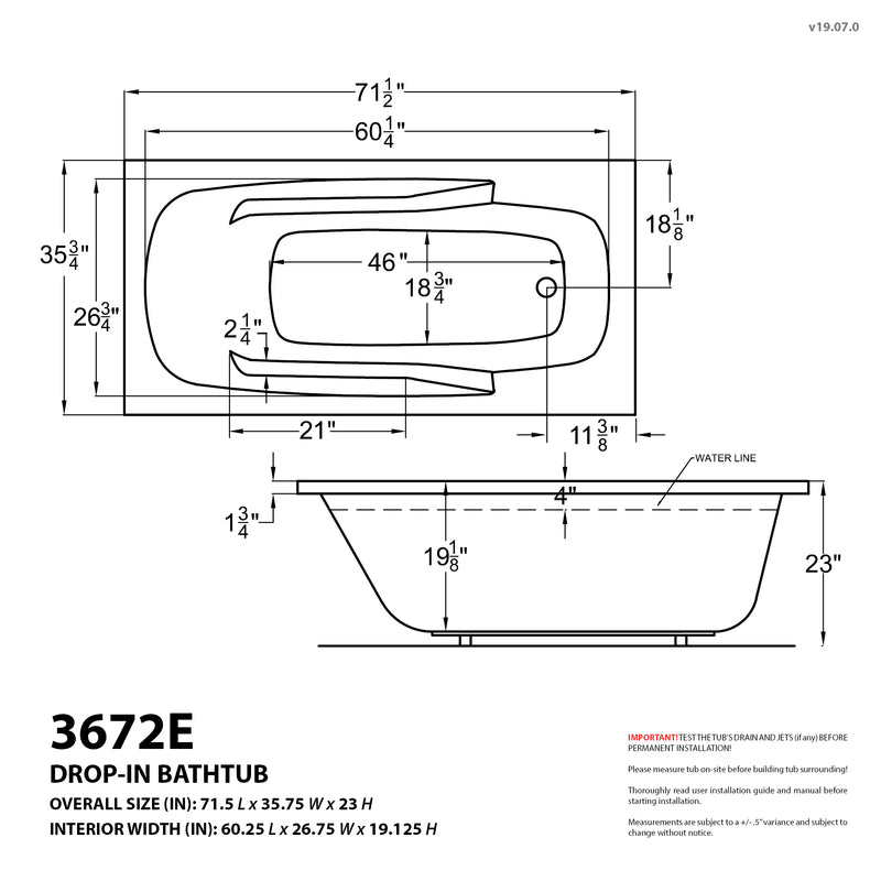 Atlantis Whirlpools Eros 36 x 72 Rectangular Whirlpool Jetted Bathtub with Reversible Drain