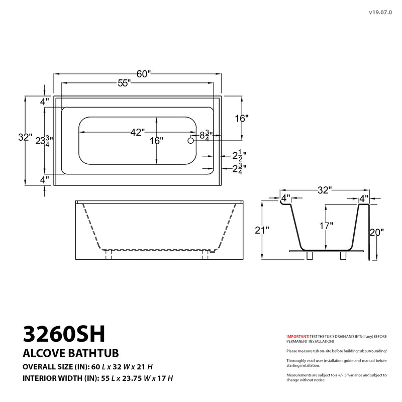 Atlantis Whirlpools Soho 32 x 60 Front Skirted Whirlpool Tub with Left Drain