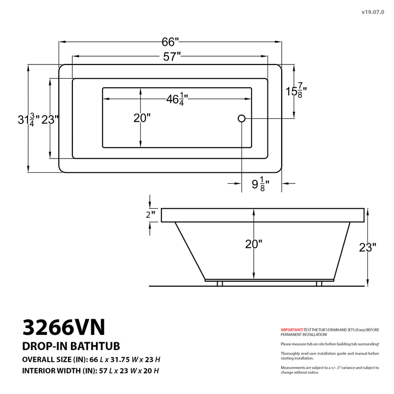 Atlantis Whirlpools Venetian 32 x 66 Rectangular Whirlpool Jetted Bathtub with Reversible Drain