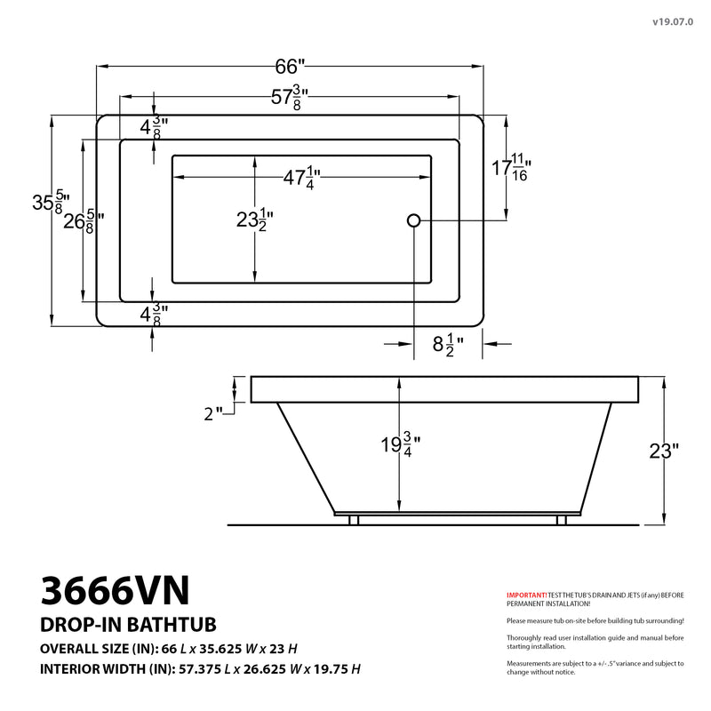 Atlantis Whirlpools Venetian 36 x 66 Rectangular Whirlpool Jetted Bathtub with Reversible Drain