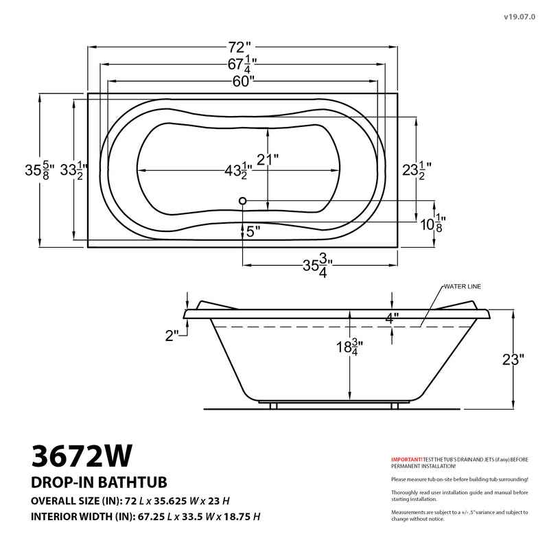 Atlantis Whirlpools Whisper 36 x 72 Rectangular Whirlpool Jetted Bathtub with Reversible Drain