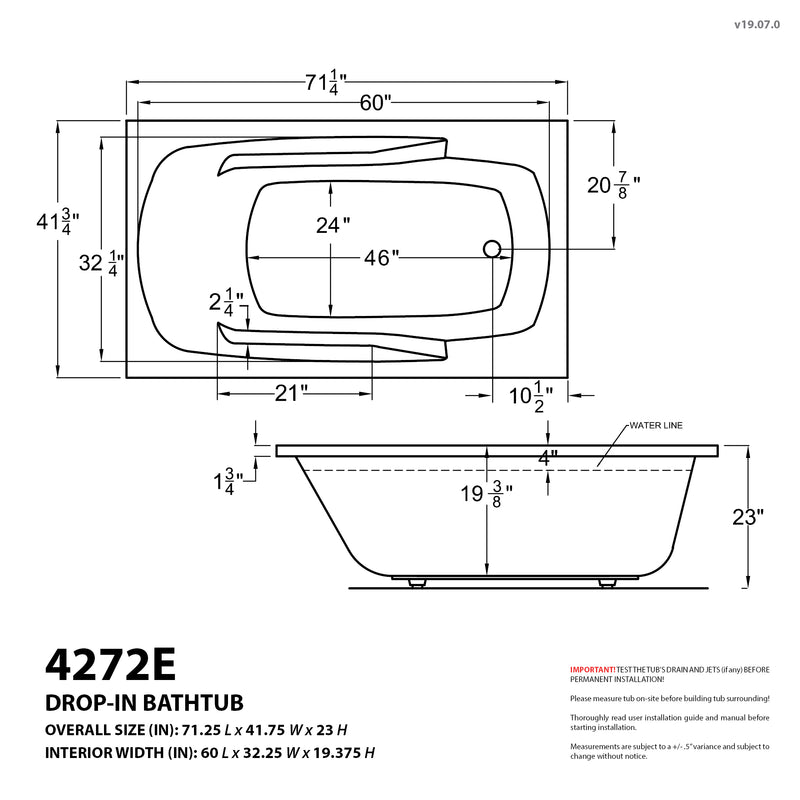 Atlantis Whirlpools Eros 42 x 72 Rectangular Whirlpool Bathtub with Right Side Drain and V-Style Back Jets in Glossy White