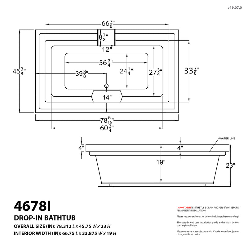 Atlantis Whirlpools Opal Series 78 in. x 46 in. Rectangular Whirlpool Bathtub with Center drain and V-Style Back Jets in Glossy Smooth White