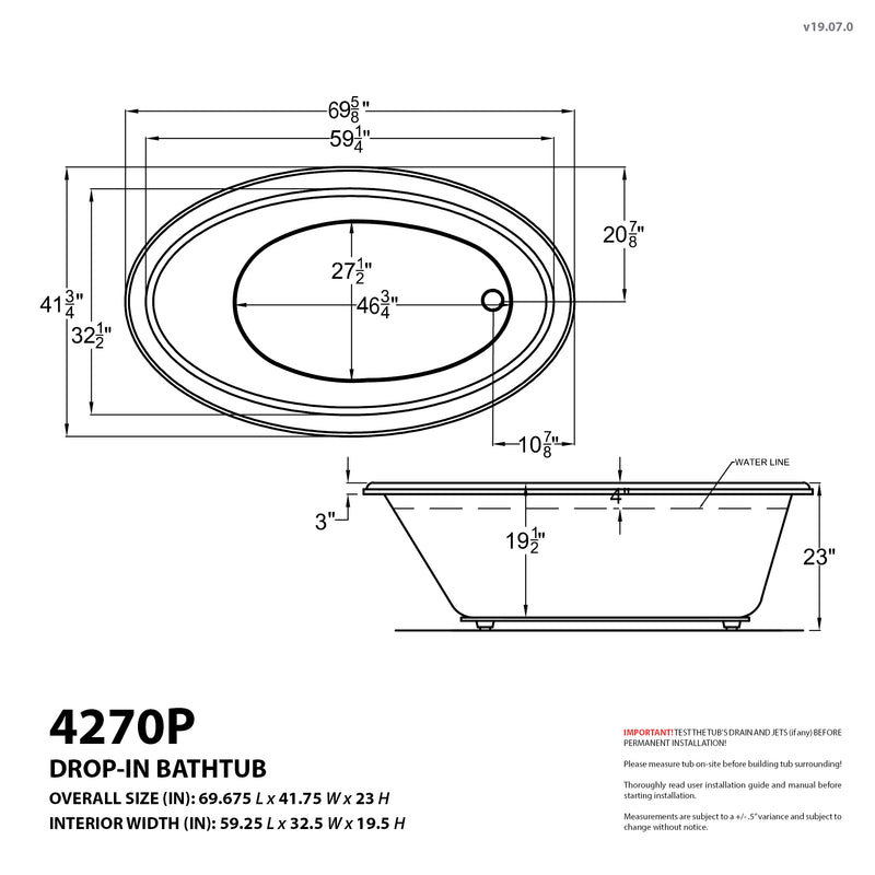 Atlantis Whirlpools Topaz Series 70 in. x 42 in. Oval Whirlpool Bathtub with Right Side Drain and V-Style Back Jets in Glossy Smooth White