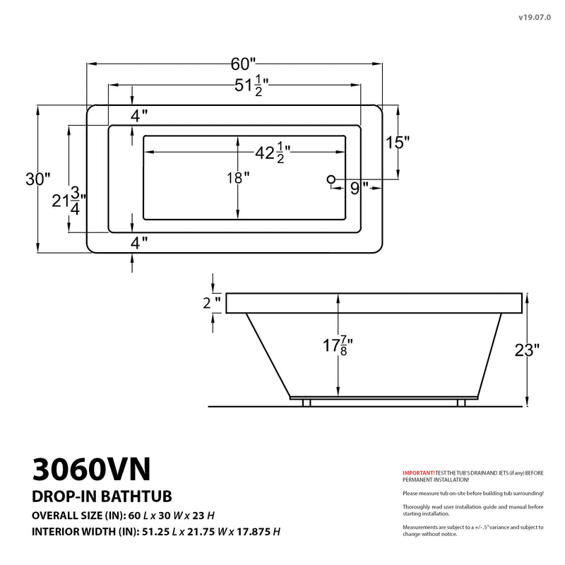 Atlantis Whirlpools Venetian 30 x 60 Rectangular Whirlpool Jetted Bathtub with Reversible Drain