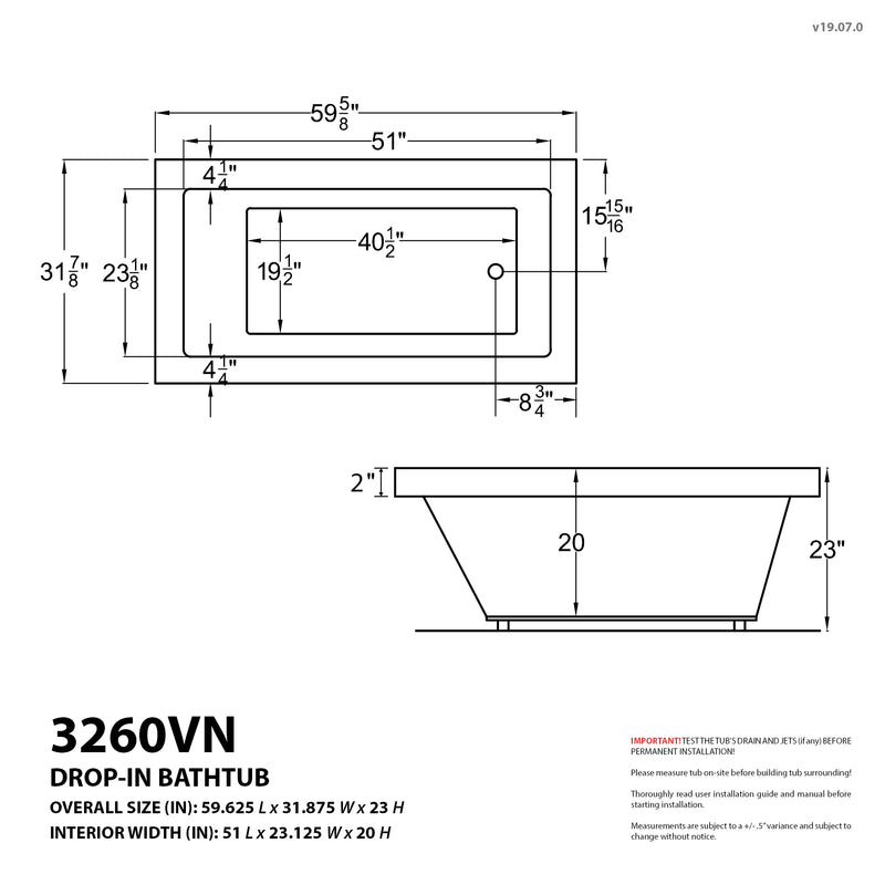 Atlantis Whirlpools Venetian 32 x 60 Rectangular Whirlpool Jetted Bathtub with Reversible Drain
