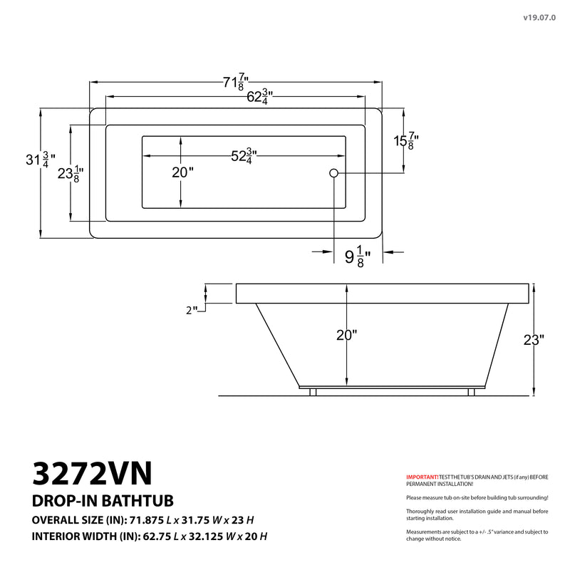 Atlantis Whirlpools Venetian 32 x 72 Rectangular Whirlpool Jetted Bathtub with Reversible Drain