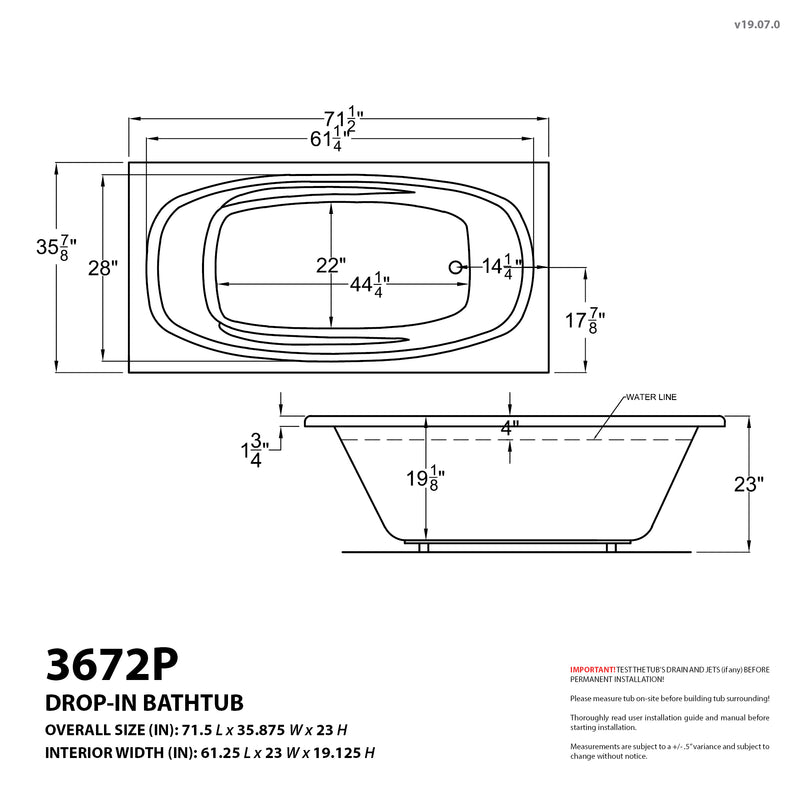 Atlantis Whirlpools Polaris 72 in. x 36 in. Rectangular Whirlpool Bathtub with V-Style Back Jets in Glossy White
