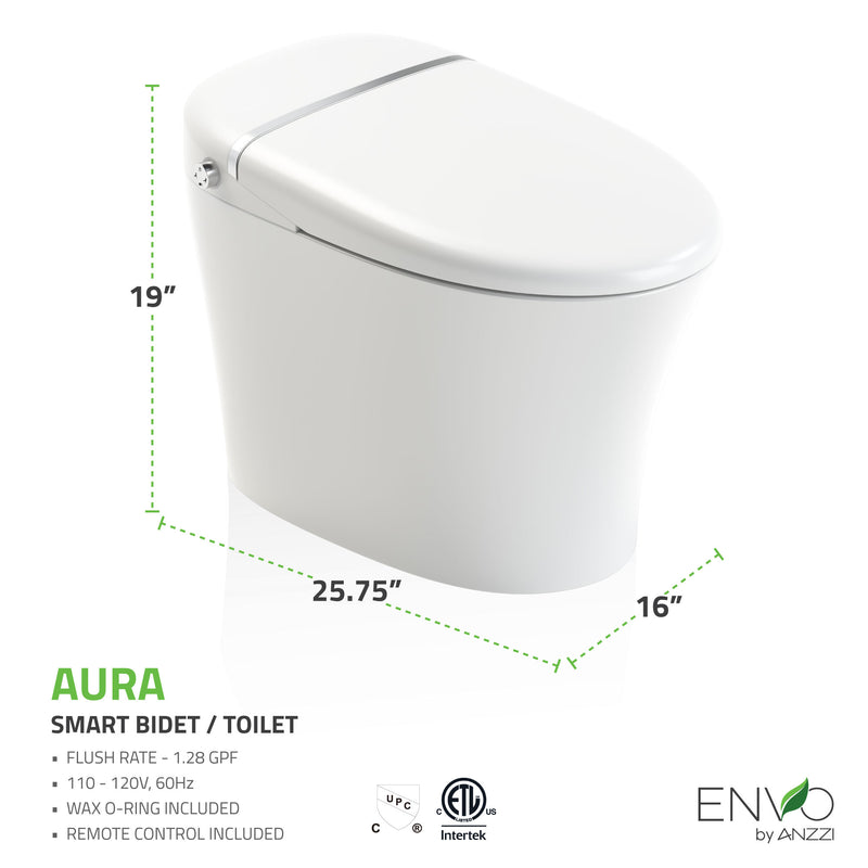 ANZZI ENVO Aura Elongated 1.28 GPF Smart Bidet Toilet with Remote Control, Auto Flush, and Heated Seat
